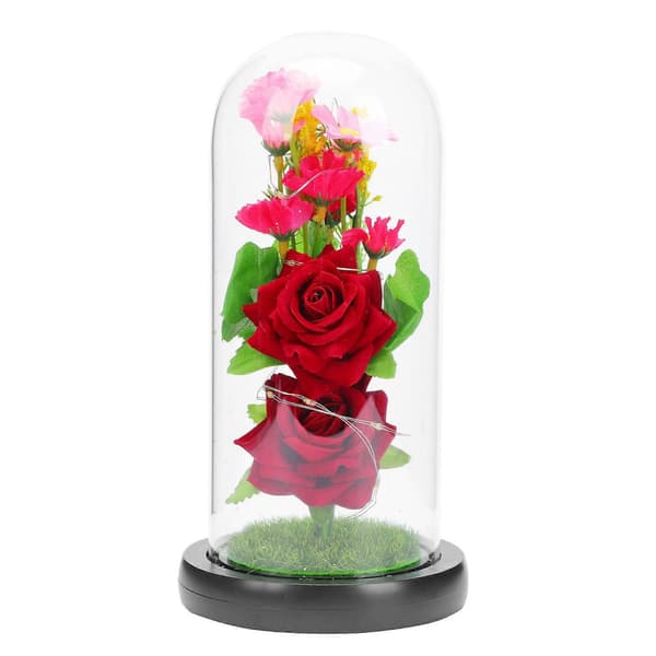 1 stk. Romantisk simulert blomst med LED-lys Glasskuppel Blomsterpynt Gave [2F]