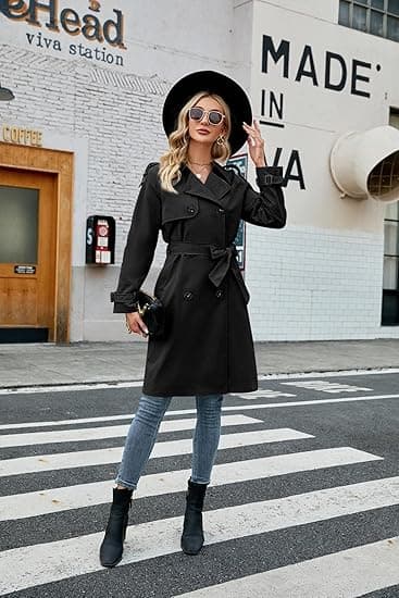 Kvinner Dobbelspent Lang Trenchcoat med Belte Svart Black S