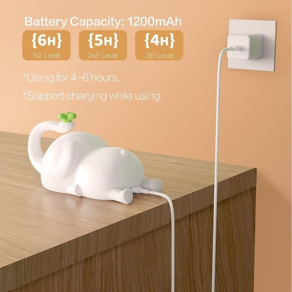 Nattlampe, Elefant Nattlampe, Barnerom, Matsikker Silikon, Dimbar, USB-Lading, Søt Elefant
