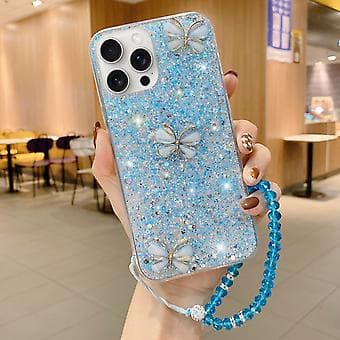 【2F】For iPhone 12 Mini Starry Sky Sequin Jade Butterfly Epoxy TPU-telefondeksel med stropp Blue