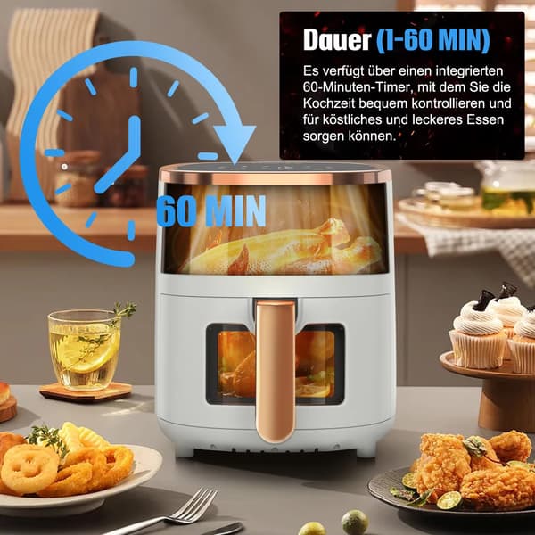 6L 1800W Airfryer med visningsvindue - 8-i-1 Digital Display, Timerfunktion til Sund Friturestegning - Sort Black