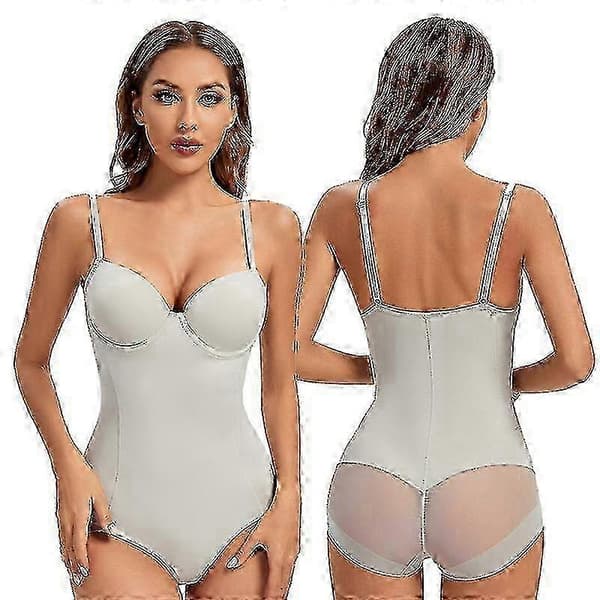 Dame-underwire hvit shapewear stretch ensfarget silkeaktig undertøy bodysuit M
