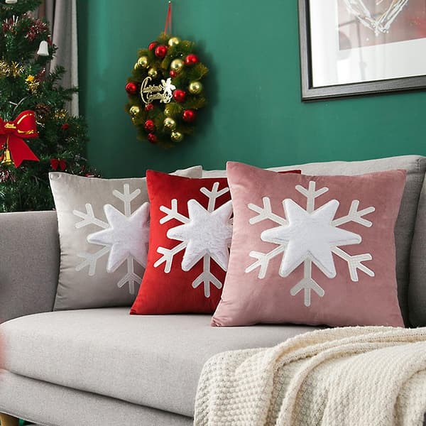 Jul fløyel pute for etui Xmas plysj snøfnugg brodert sofapute C Pink