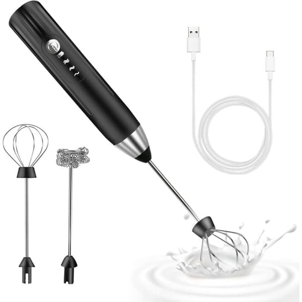 [2F] Elektrisk mælkeskummer, USB genopladelig mælkeskummer og mini elektrisk piskeris, rustfrit stål mixer, til kaffe, latte (sort)