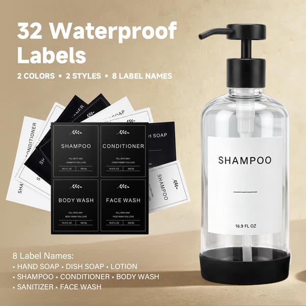 Prus Waso shampoo- og balsamdispensersæt, klar og sort Clear & Black