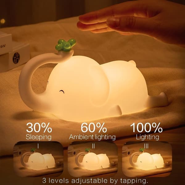 Nattlampe, Elefant Nattlampe, Barnerom, Matsikker Silikon, Dimbar, USB-Lading, Søt Elefant