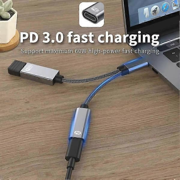 2 i 1 PD 60W USB C OTG Laddningsadapterkabel Typ C till USB 2.0 Datakonverterare för Bärbar Dator A Black