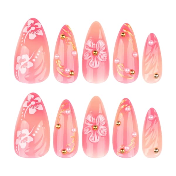 【2F】Trendy Press-on Negler 3D Blomsterkunst Press-on Negler Komfortabel ABS-konstruksjon