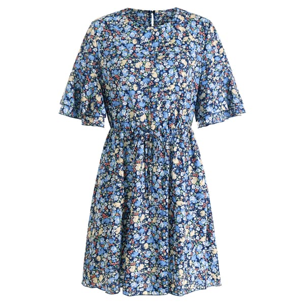 【2F】Damklänning Rund Hals Hög Midja Volang Kort Ärm Polyester A-linje Kjol för Sommar Blå M