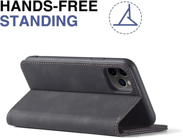 【2F】För iPhone 11 -16 Magnetiskt Läderfodral, Premium Läder Flip Cover Vikbart Kortfack Stötsäker Stativfunktion (Svart) iPhone 12