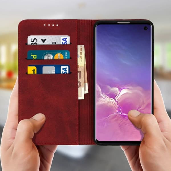 Samsung Galaxy S10 -kotelo, korttipidike, videotuki, punainen Röd
