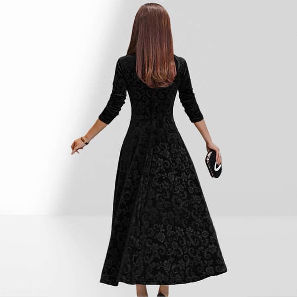 【2F】Julklänningar för kvinnor Elegant sammet Casual Långärmad V-ringad festklänning Höst Vinter Klänningar Svart M Black