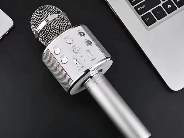 [2F]Trådlös mikrofon bluetooth karaokehögtalare rund med fodral olika positioner Silver silver