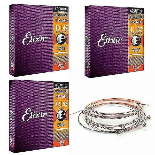 [2F]3 stycken Elixir akustiska gitarrsträngar Nanoweb Fosforbrons Lätt