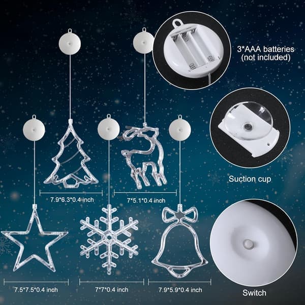 5-pack Christmas Window Lights Decorations with Timer Battery Operated Christmas Hanging Warm White Luminous Snowflake Tree Star Deer Bells Shaped LED