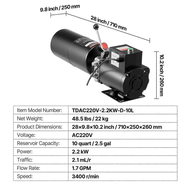 【2F】Hydraulpumpaggregat, AC 220V, 10 Quart enkelverkande hydraulenhet, 6,3 L/min oljeflöde, svart