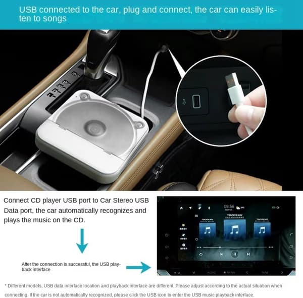 Universal ekstern bil-CD-afspiller - Bærbar CD-afspiller med AUX-lydkabel, kan tilsluttes bilens USB-interface for tabsfri forbindelse.