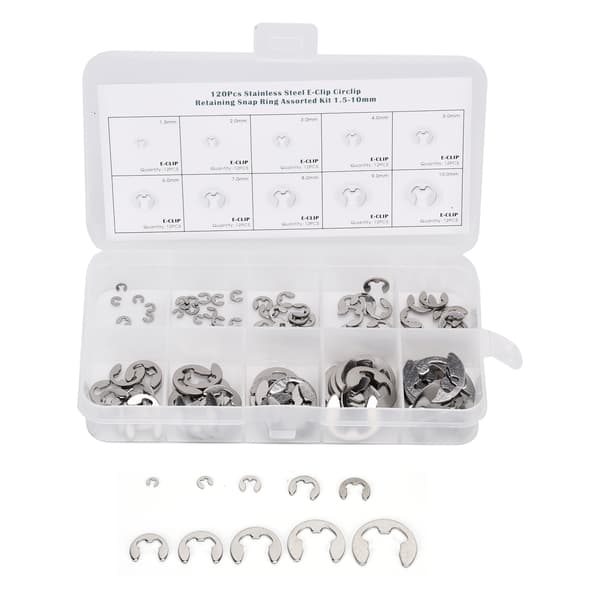 [2F]120 stk. E-clip skive rustfrit stål ekstern låsering sortimentssæt 1,5 mm–10 mm