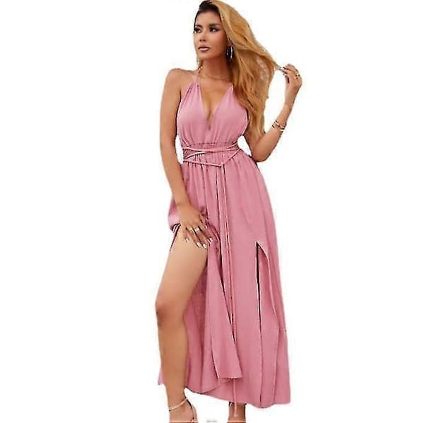 【2F】Kvinner V-hals Ermeløs Uformell Splitt Boho rosa S