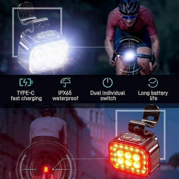USB oppladbart sykkellyktsett foran og bak LED baklykter