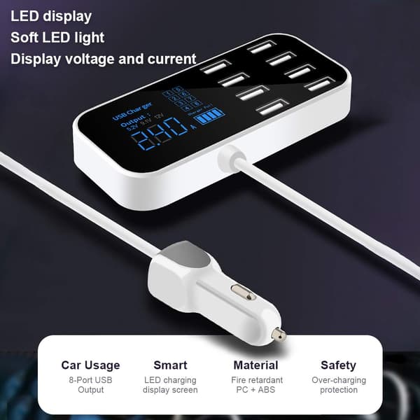[2F]Biloplader, A9S Mini Hurtigoplader til Bil 8 Port Multi USB LCD Skærm 12V Telefonoplader USB Hub til Telefon Tablet DVR