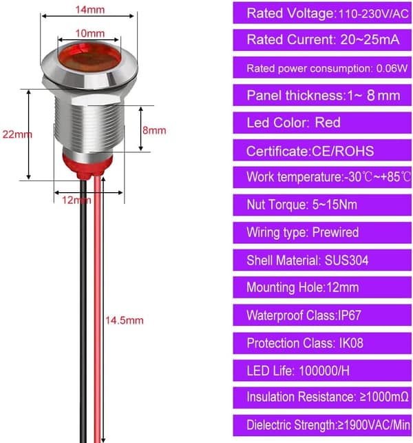 [2F]5 stk 12mm LED metallindikator 110V-220VAC lys vanntett