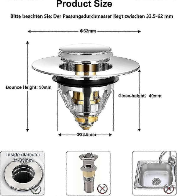 Universal pop-up afløbsprop i rustfrit stål med 2 pakninger, kompatibel med vaske mellem 32 og 38 mm