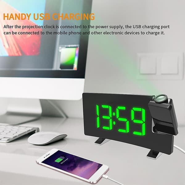 Dimbar Digital LED Projektor Snooze Vekkerklokke FM Radio Timer Projeksjon A