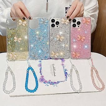 【2F】Til iPhone 12 Mini Starry Sky Paillet Jade Sommerfugl Epoxy TPU Telefoncover med Rem Blue