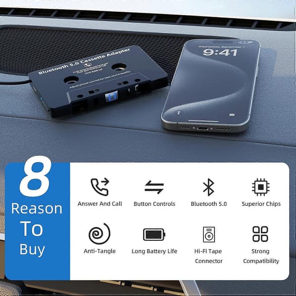 [2F] Bluetooth kassettadapter 5.0 for bilstereo, trådløs mottaker med håndfrie samtaler, svart
