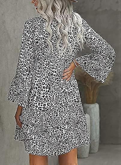 【2F】Casual klänningar för kvinnor V-hals Leopard Blommig Mönstrad Miniklänning Black M
