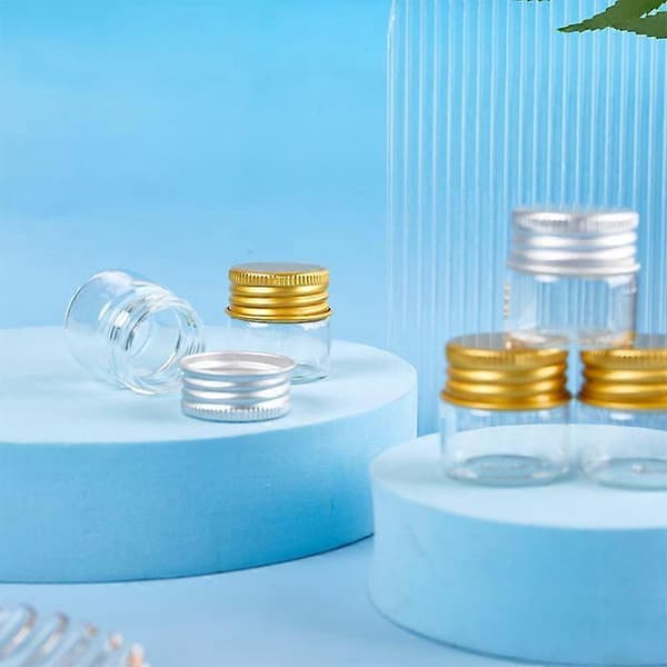 [2F]5 st 10 ml små glasburkar flaskor skruvlock förvaringsburk minikontainrar transparenta ampullflaskor gold