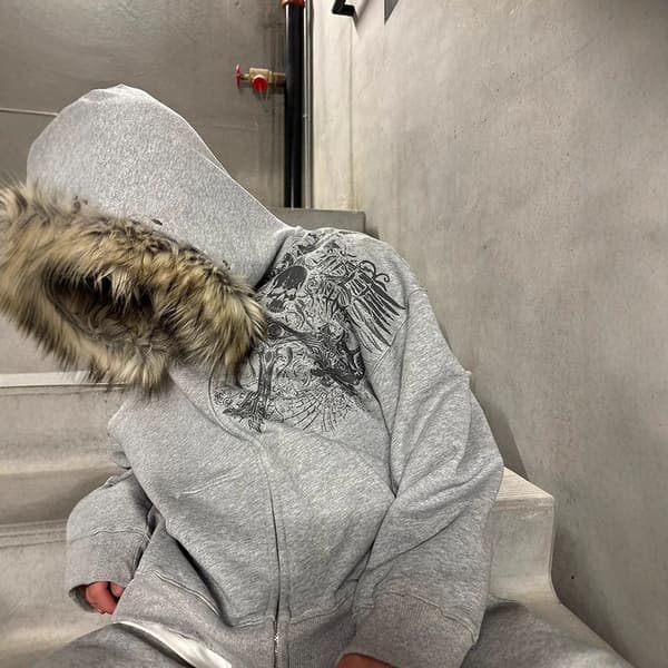 Herre Y2k Zip Up Hættetrøje Pelsforet Jakke Varm Vinterfrakke Grå Grey S