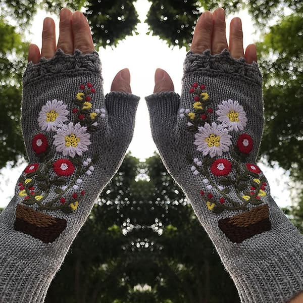 Strikkede fingerløse hansker, elastiske hansker med blomsterbroderi Gray