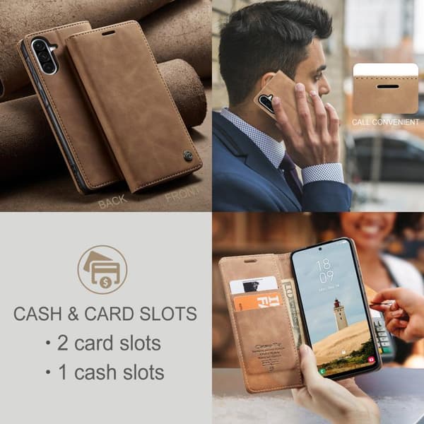 Samsung Galaxy A56 Deksel CaseMe 013 Multifunksjonell Horisontal Flip Lær Brun
