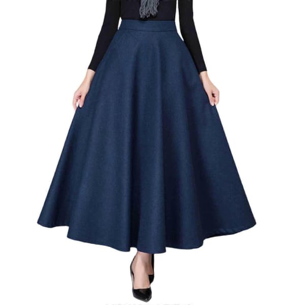 【2F】Damkjol Varm Elastisk Midja Ull A-linje Plisserad Enfärgad Vinter Lång Kjolar marinblå S navy blue S