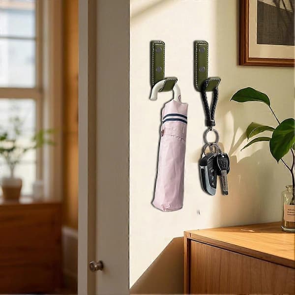 Väggkrokar i läder, 4-pack, armégröna, platsbesparande minimalistisk design för handdukar, väskor och kläder