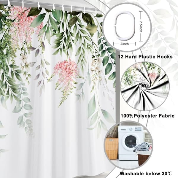 Grønne Blader Dusjforheng, Eukalyptus og Rosa Blomst Dusjforheng, Anti-Mugg Vanntett Badeforheng, Vaskbart Polyester Stoff Baderomsforheng