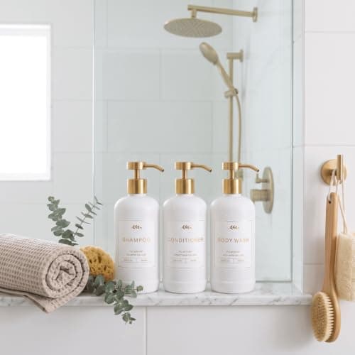 Prus Waso sjampo- og balsamdispensersett, dusjsåpedispenser, gu White & Gold