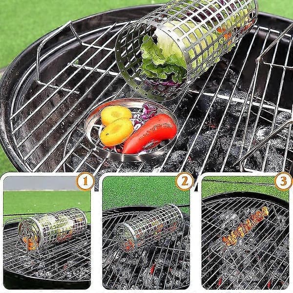 [2F]2-pak BBQ-bur rundt tønde udendørs BBQ rygebure bærbart roterende rustfrit stålbure
