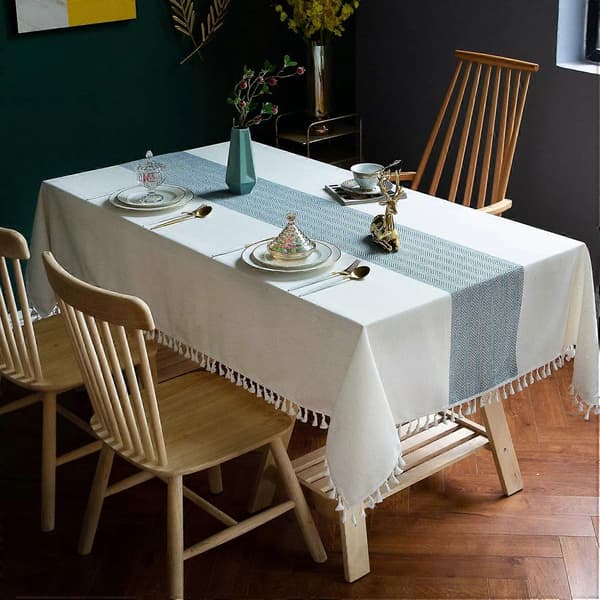 Bordduk i bomull og lin, rektangulær, vaskbar, 55'x70' (beige, blå stripe)