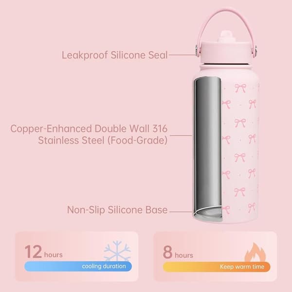 Pink vandflaske med sløjfe 1L (32 oz) Isoleret rustfrit stål pink termoflaske med sugerør