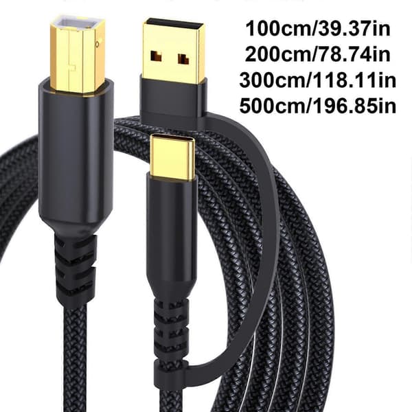 Skriverkabel 2-i-1 USB-A/C til USB B-kabel, USB C-kabel flettet hurtig skriverledning for skriver grå Grey