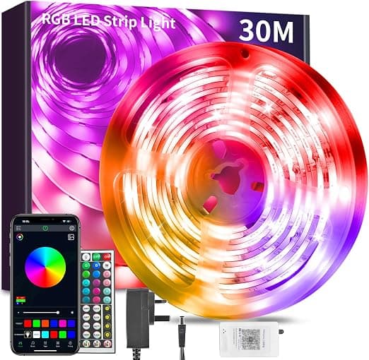 30M LED-strips Musikk-synkronisering RGB Bluetooth Fargeskiftende Fleksible LED-lysstrips, med Smart App Kontrollfjernkontroll