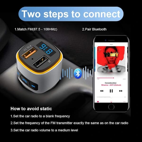 [2F]Avansert Bluetooth FM-sender, klar musikkstrømming biladapter, med omgivelseslysbryter, smarte doble USB-porter og håndfri funksjon.
