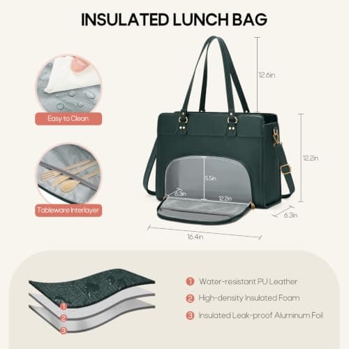 RAINSMORE Laptopveske for kvinner med isolert lunsjrom Green
