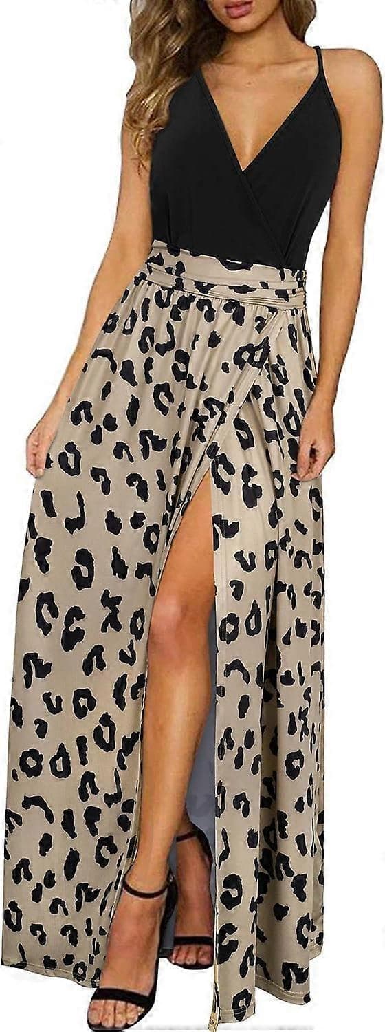 Sommarklänning för kvinnor, lång maxiklänning, sommar V-ringad klänning, slits, eleganta spaghettiband, vardagsklänning för bröllopsgäster[2F] XL Leopard 01