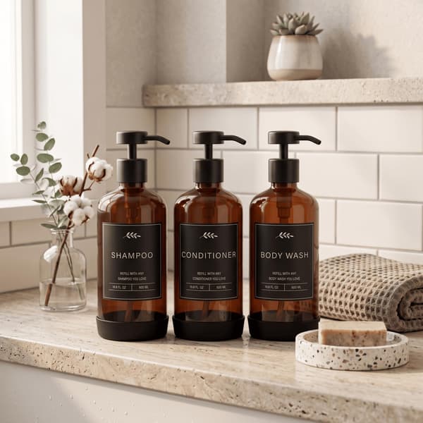 Prus Waso shampoo- og balsamdispensersæt, rav og sort Amber & Black