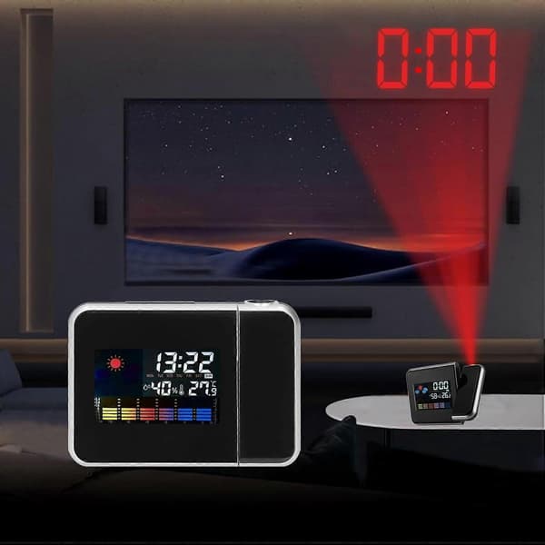 [2F]Projektionsväckarklocka, väderklocka sängklocka med 180 projektor, LCD digital klocka med 12/24H för sovrum