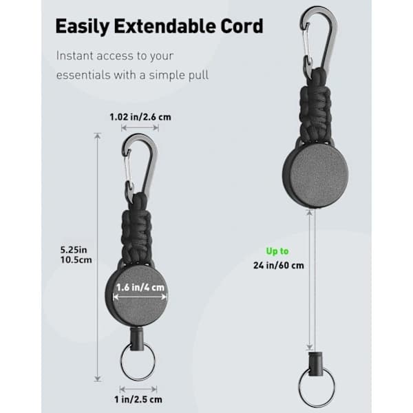 [2F] Stark infällbar nyckelring 3/4-pack – karbinhake och märkeshållare med 60 cm stålkablar